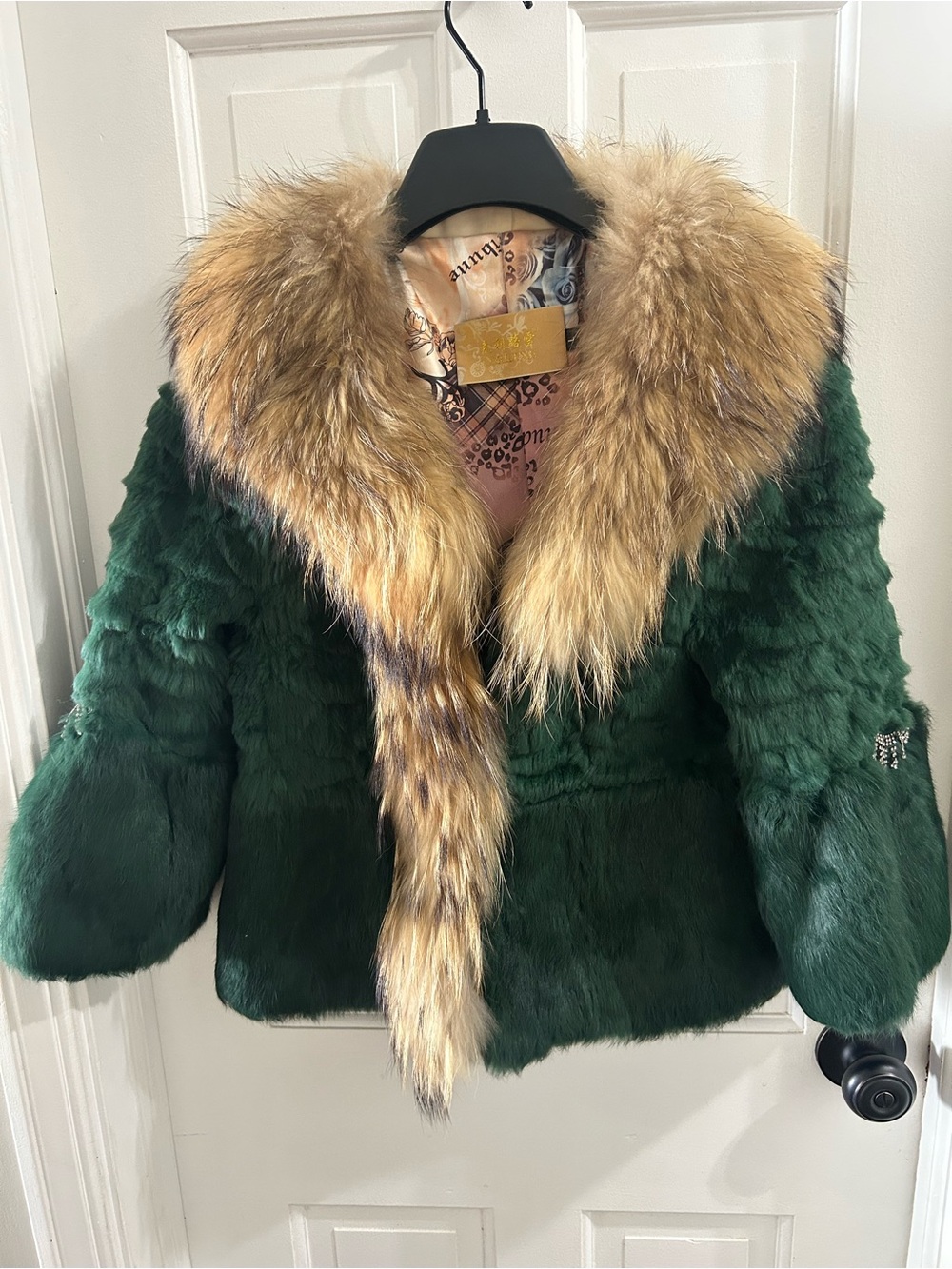 Real Rabbit Fur Jacket Green Fox Collar Rhinestone Y2K XS/S